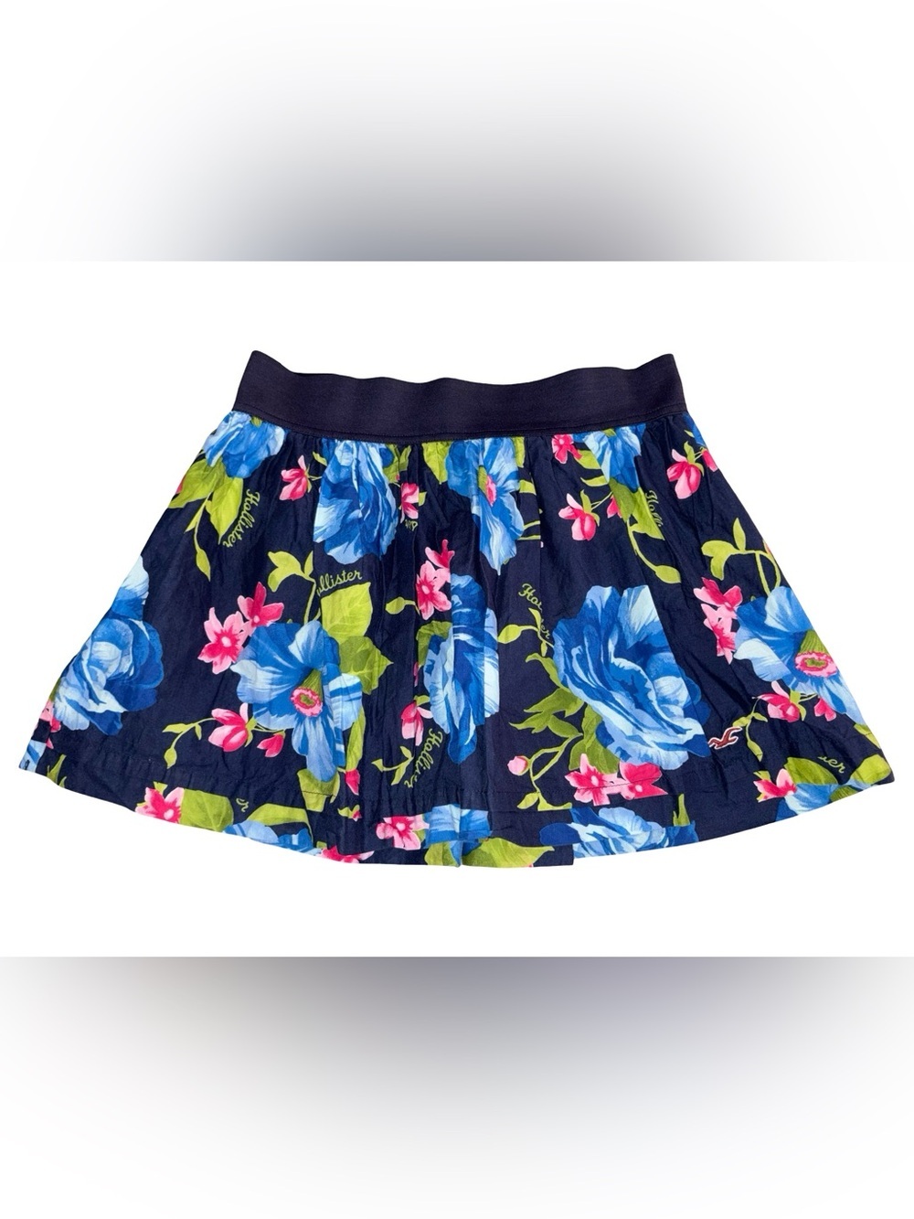 Hollister Floral Mini Skirt Medium Blue Pink Stretch Waist Lined